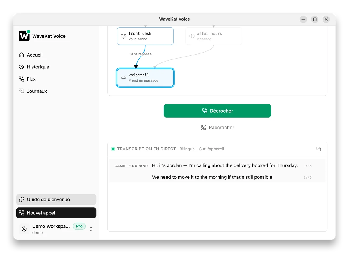 WaveKat Voice pendant qu’un flux d’appel prend un message, avec la transcription en direct et un bouton pour décrocher
